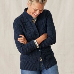 LL Bean Chunky Cable Knit Sweater Cardigan Button Front Womens Size 3X Navy Blue